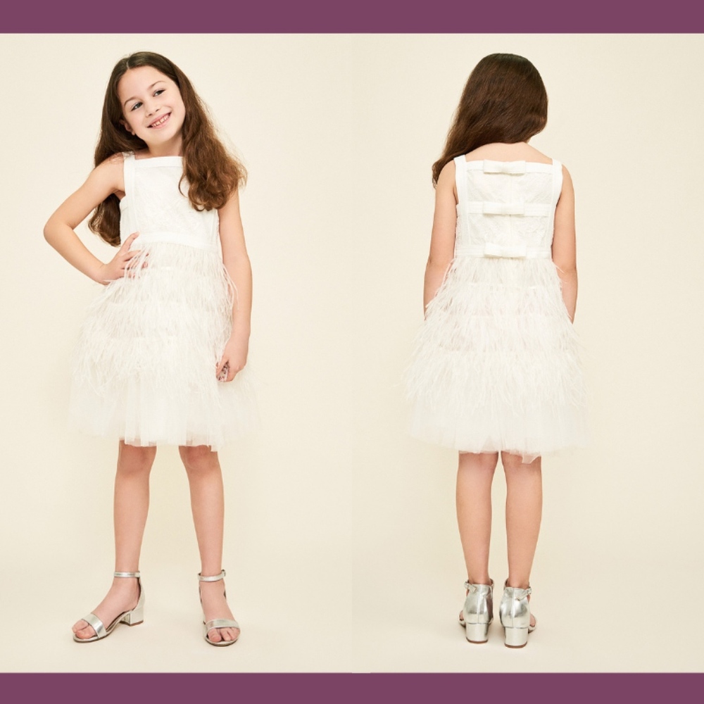 NEW $298 Tadashi Shoji Kids Haxtonita Feather Lace Dress [Girls SZ 8 ]‎